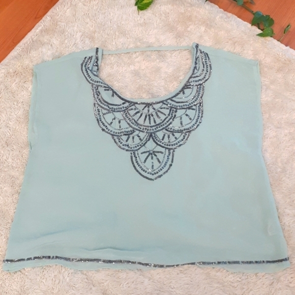 Decreed Sheer Bohemian Mint Beaded Sequined Low Scoop Back Flowy Feminine Top - Picture 3 of 5